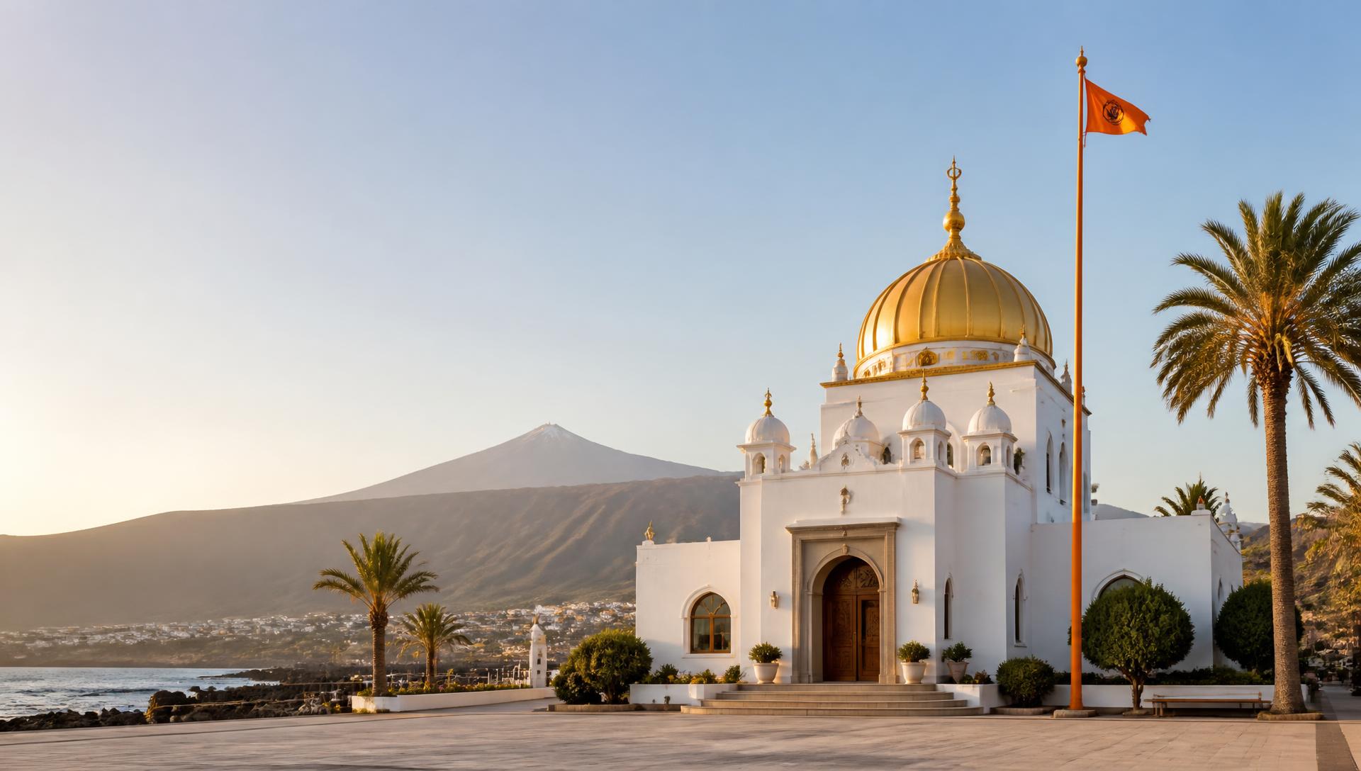 Gurudwara exterior with Mount Teide in background